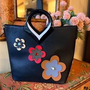 Stylish Black Floral Appliqué Tote Bag